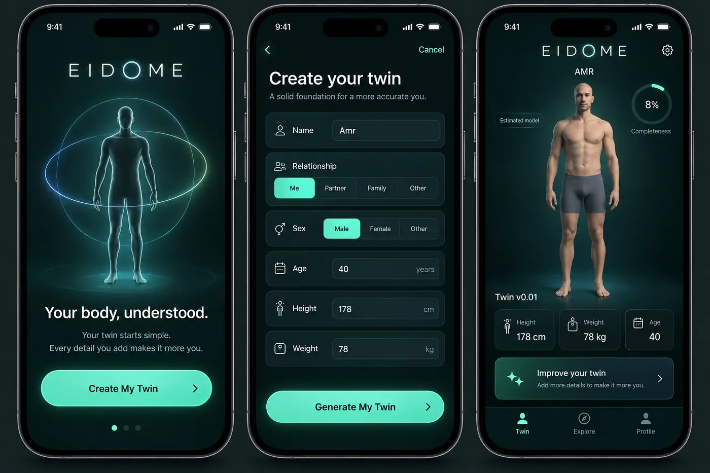 Three Eidome iPhone screens showing onboarding, profile creation, and a personal body twin